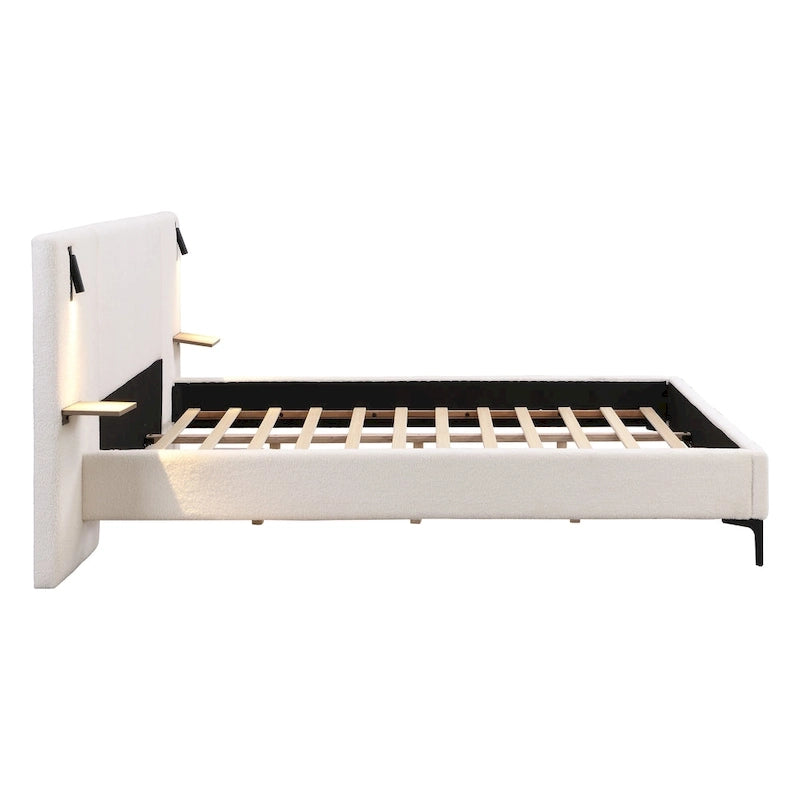 Lit King en tissu bouclé blanc, avec lumières et étagères, pour 2 personnes