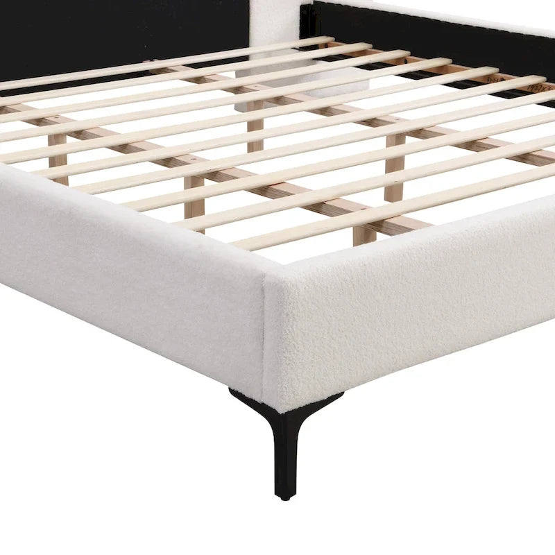 Lit King en tissu bouclé blanc, avec lumières et étagères, pour 2 personnes