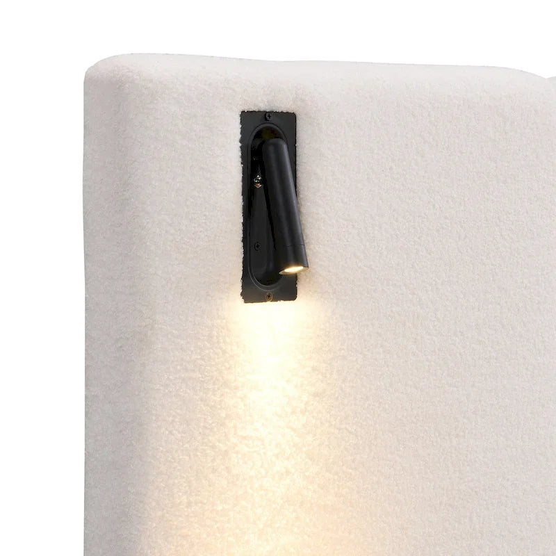 Lit King en tissu bouclé blanc, avec lumières et étagères, pour 2 personnes