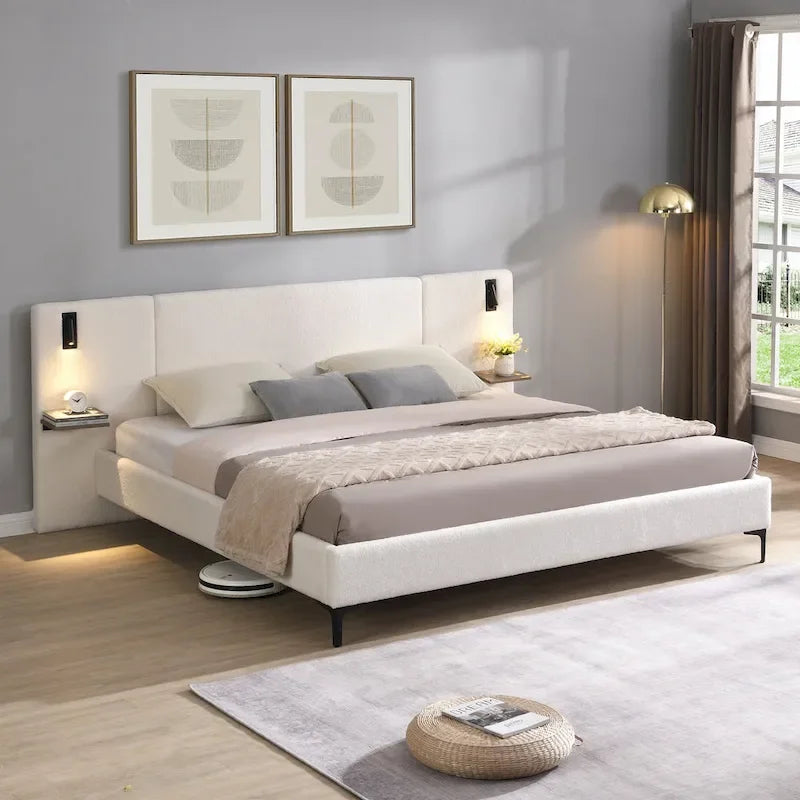 Lit King en tissu bouclé blanc, avec lumières et étagères, pour 2 personnes