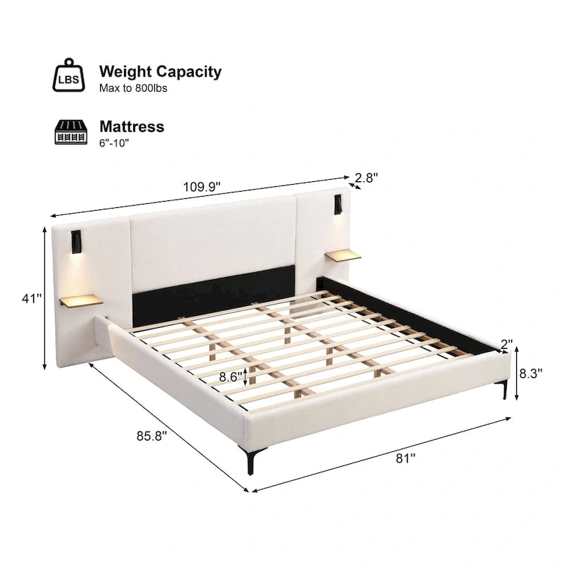 Lit King en tissu bouclé blanc, avec lumières et étagères, pour 2 personnes