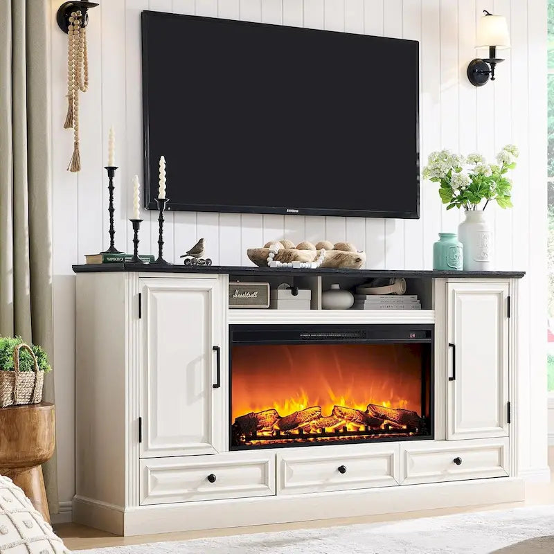 Meuble TV de ferme avec cheminée électrique, Blanc antique/Noir/Chêne clair/Chêne violet, Convient pour TV jusqu'à 80"