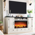 Meuble TV de ferme avec cheminée électrique, Blanc antique/Noir/Chêne clair/Chêne violet, Convient pour TV jusqu'à 80"