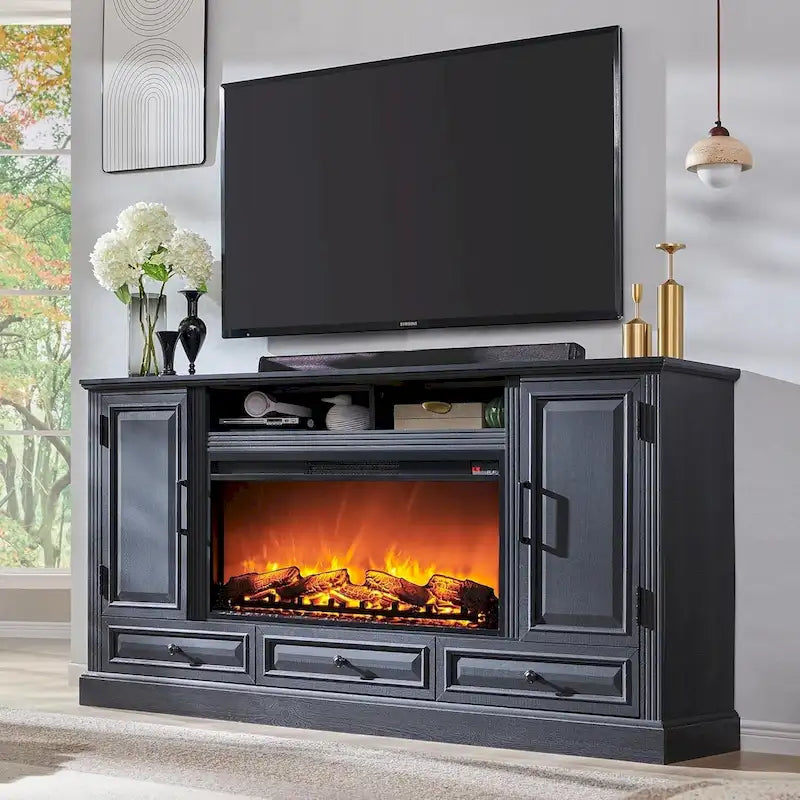 Meuble TV de ferme avec cheminée électrique, Blanc antique/Noir/Chêne clair/Chêne violet, Convient pour TV jusqu'à 80"