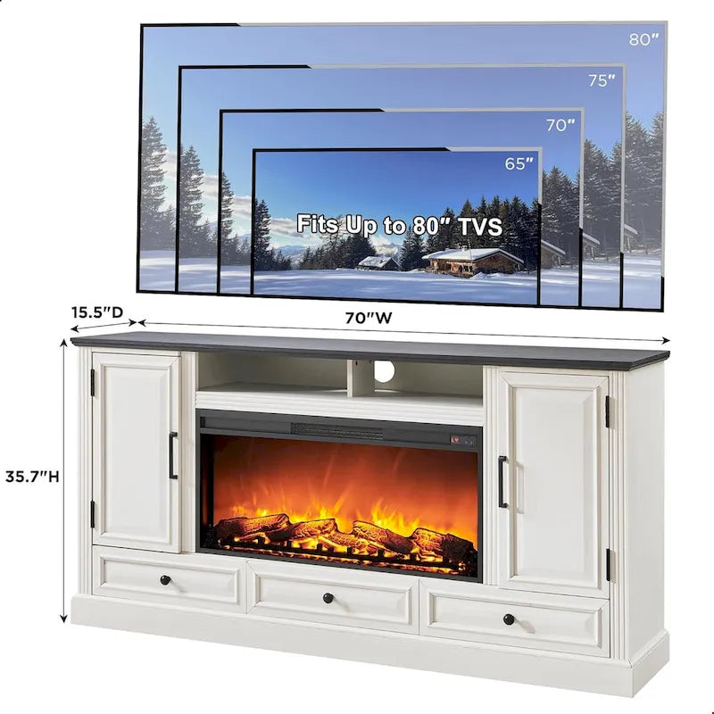 Meuble TV de ferme avec cheminée électrique, Blanc antique/Noir/Chêne clair/Chêne violet, Convient pour TV jusqu'à 80"