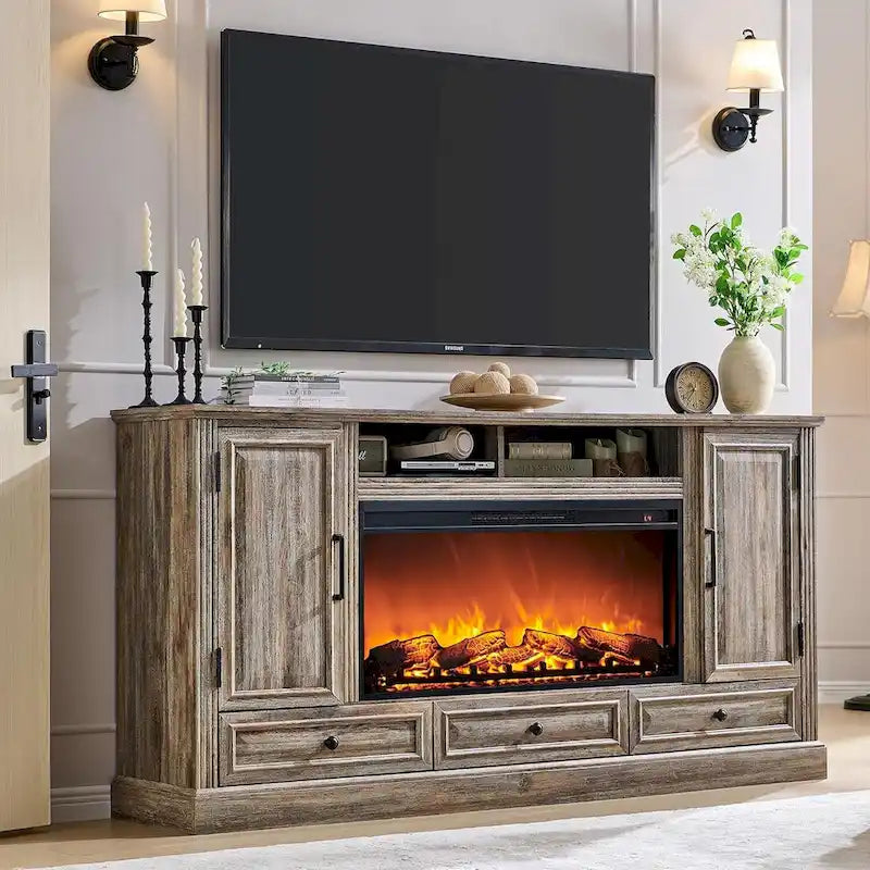 Meuble TV de ferme avec cheminée électrique, Blanc antique/Noir/Chêne clair/Chêne violet, Convient pour TV jusqu'à 80"
