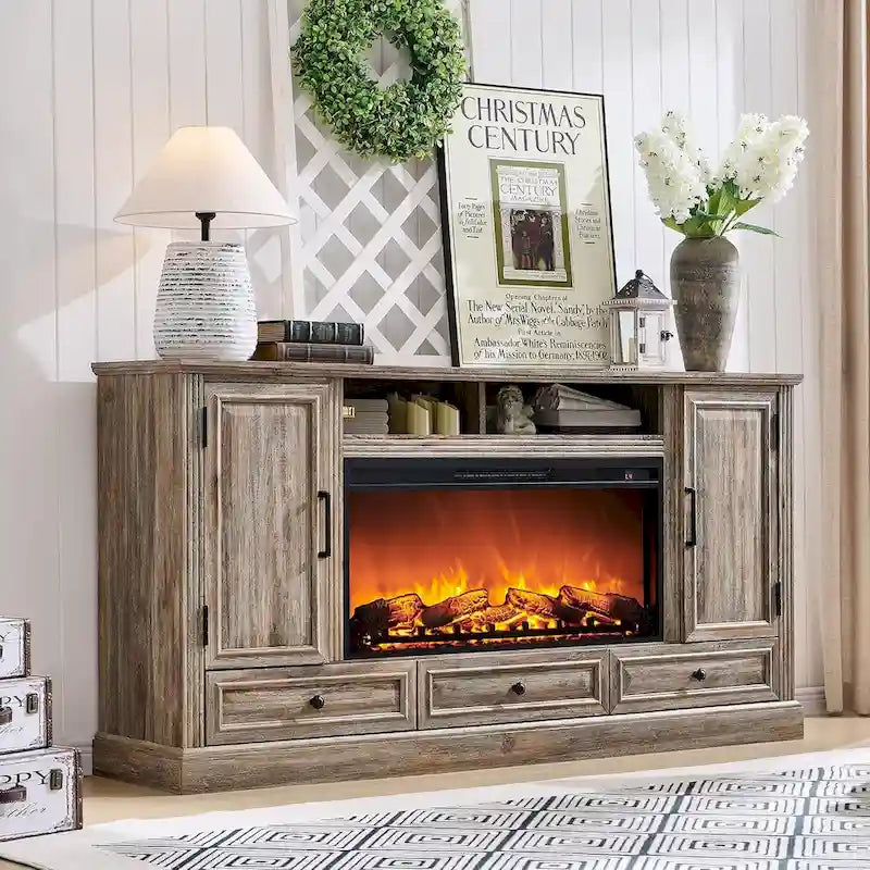 Meuble TV de ferme avec cheminée électrique, Blanc antique/Noir/Chêne clair/Chêne violet, Convient pour TV jusqu'à 80"