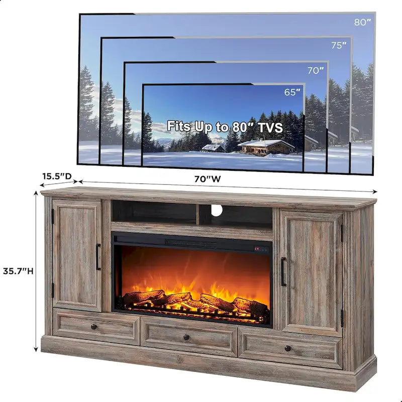 Meuble TV de ferme avec cheminée électrique, Blanc antique/Noir/Chêne clair/Chêne violet, Convient pour TV jusqu'à 80"