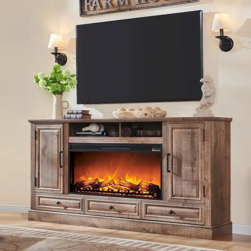 Meuble TV de ferme avec cheminée électrique, Blanc antique/Noir/Chêne clair/Chêne violet, Convient pour TV jusqu'à 80"