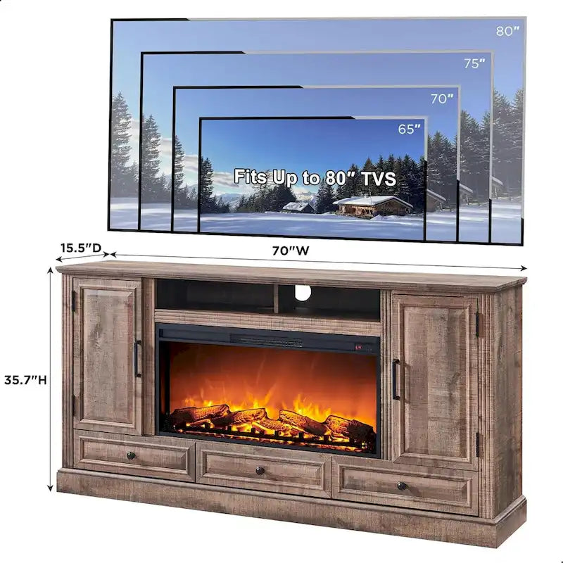Meuble TV de ferme avec cheminée électrique, Blanc antique/Noir/Chêne clair/Chêne violet, Convient pour TV jusqu'à 80"