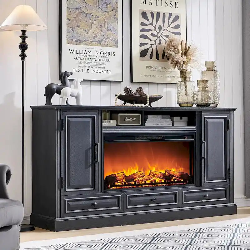 Meuble TV de ferme avec cheminée électrique, Blanc antique/Noir/Chêne clair/Chêne violet, Convient pour TV jusqu'à 80"