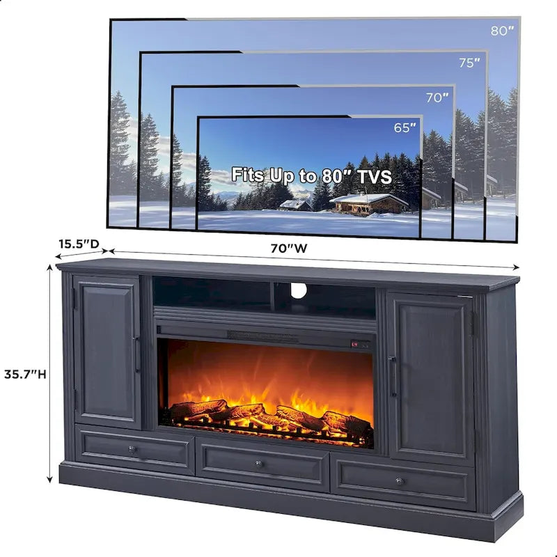 Meuble TV de ferme avec cheminée électrique, Blanc antique/Noir/Chêne clair/Chêne violet, Convient pour TV jusqu'à 80"