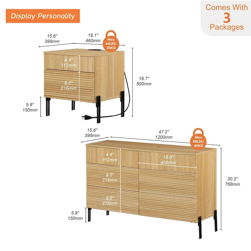 Ensemble de chambre moderne 3 pièces WAMPAT, commode cannelée 47" avec 6 tiroirs et 2 tables de chevet avec station de recharge, chêne