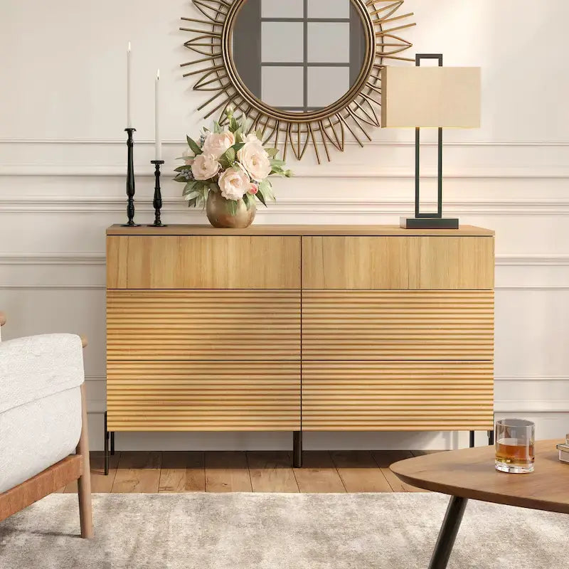 Ensemble de chambre moderne 3 pièces WAMPAT, commode cannelée 47" avec 6 tiroirs et 2 tables de chevet avec station de recharge, chêne