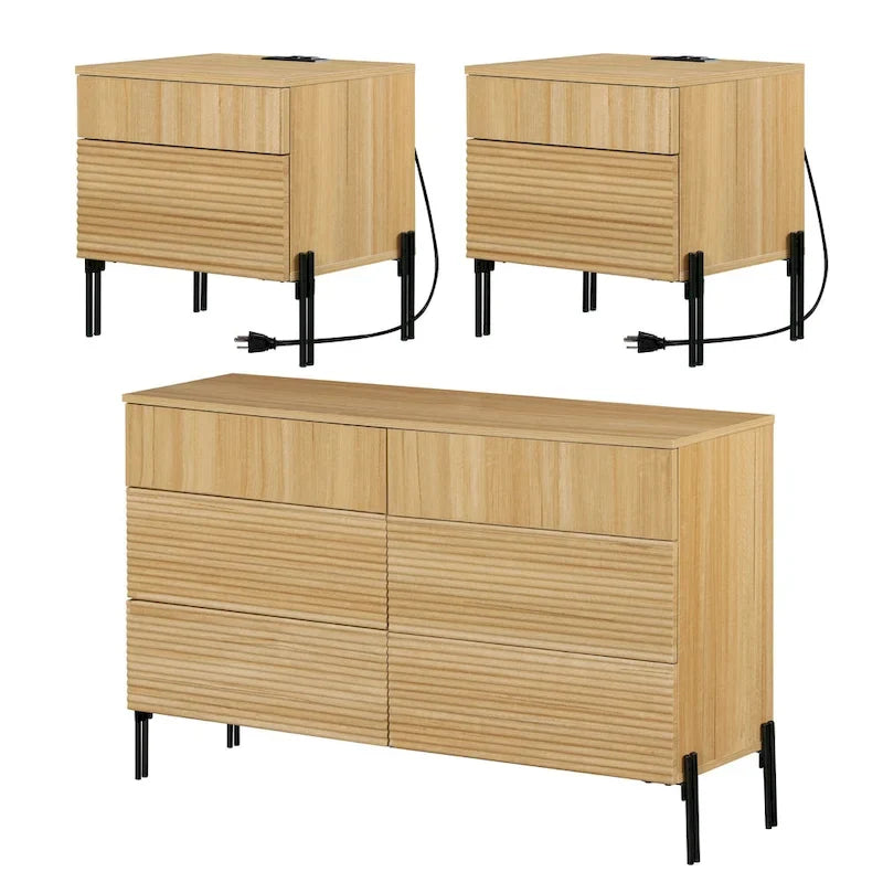 Ensemble de chambre moderne 3 pièces WAMPAT, commode cannelée 47" avec 6 tiroirs et 2 tables de chevet avec station de recharge, chêne