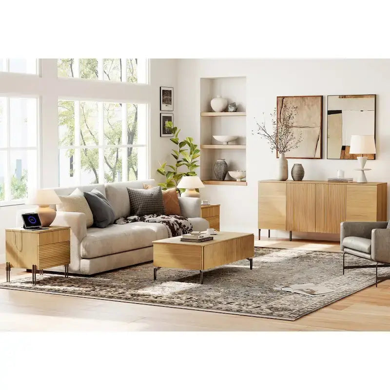 Ensemble de chambre moderne 3 pièces WAMPAT, commode cannelée 47" avec 6 tiroirs et 2 tables de chevet avec station de recharge, chêne