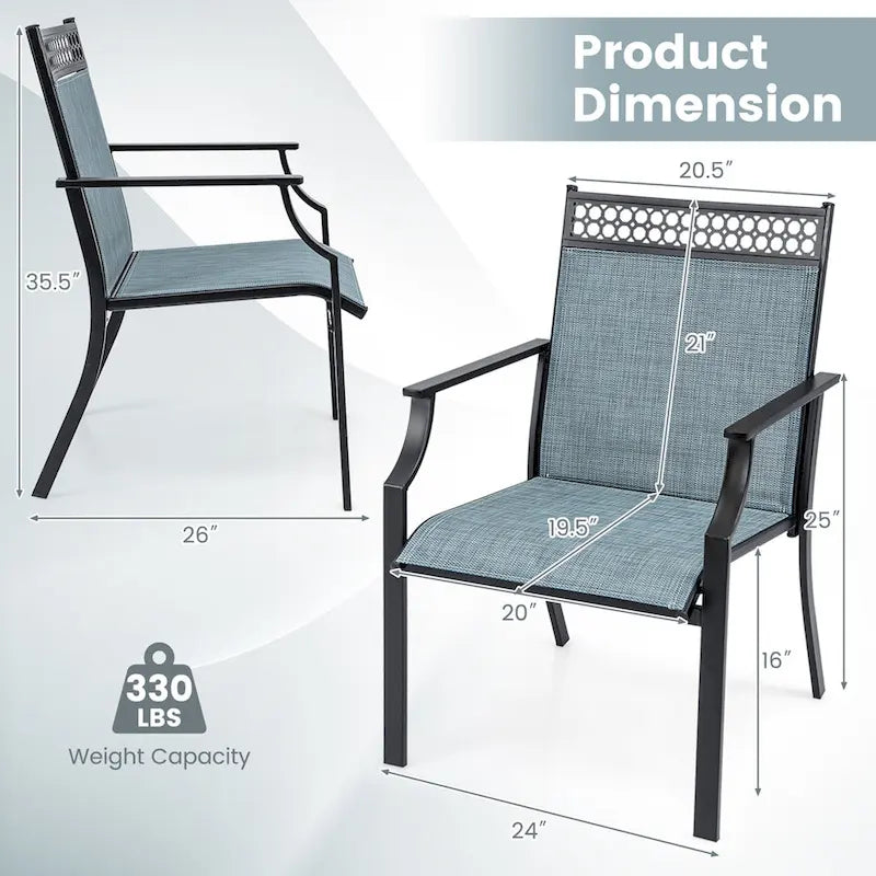 Chaise de patio extérieure bleue/café/noire avec dossier haut et accoudoirs, lot de 2