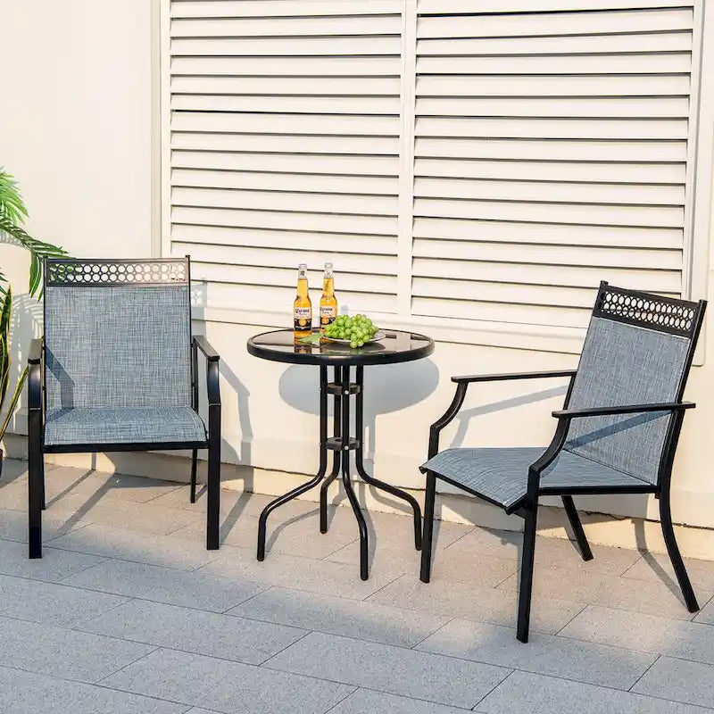 Chaise de patio extérieure bleue/café/noire avec dossier haut et accoudoirs, lot de 2