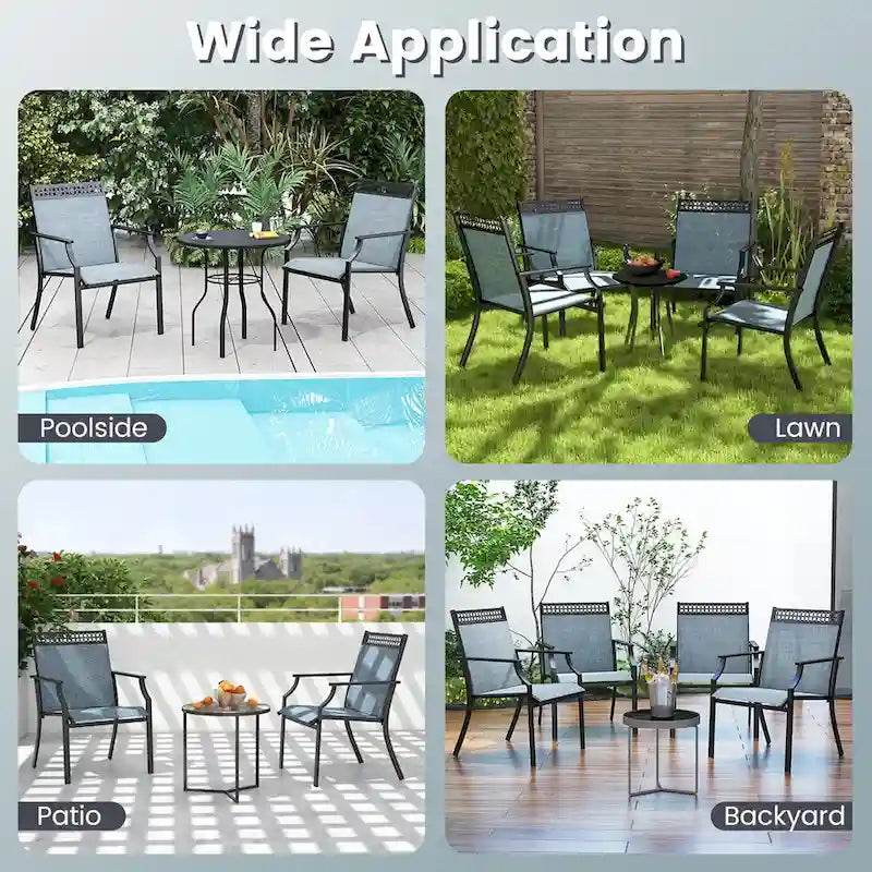 Chaise de patio extérieure bleue/café/noire avec dossier haut et accoudoirs, lot de 2