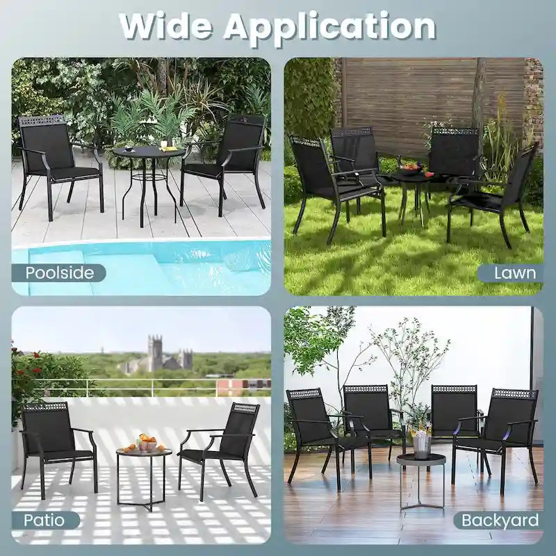 Chaise de patio extérieure bleue/café/noire avec dossier haut et accoudoirs, lot de 2