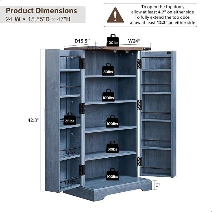 Meuble de cuisine de style campagnard avec porte de grange 47" – Gris rustique / Bleu / Marron / Noir / Blanc, 1 personne