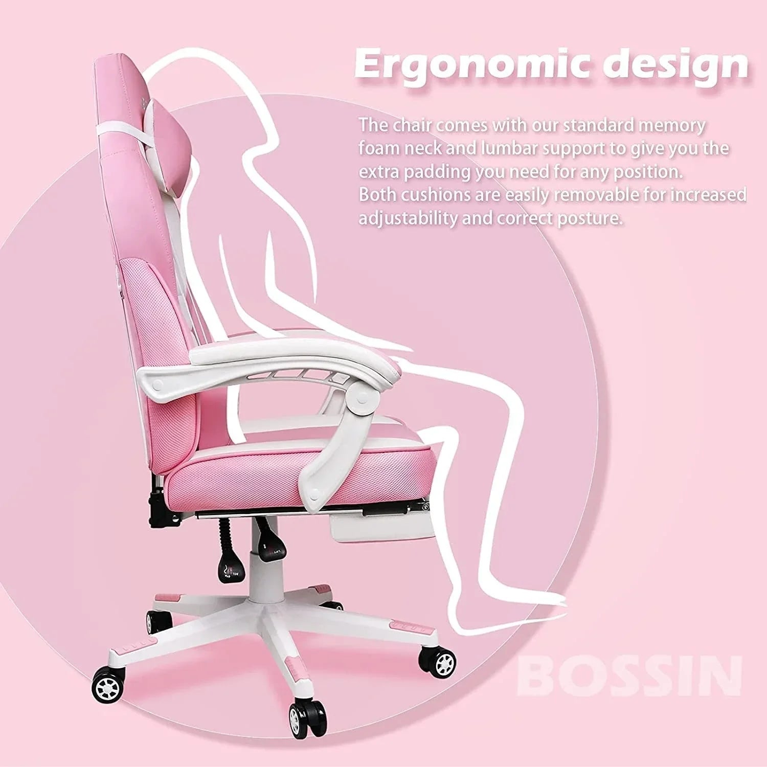 Chaise de jeu style course BOSSIN, fauteuil gamer grande taille 300 lb, chaise d'ordinateur à dossier haut