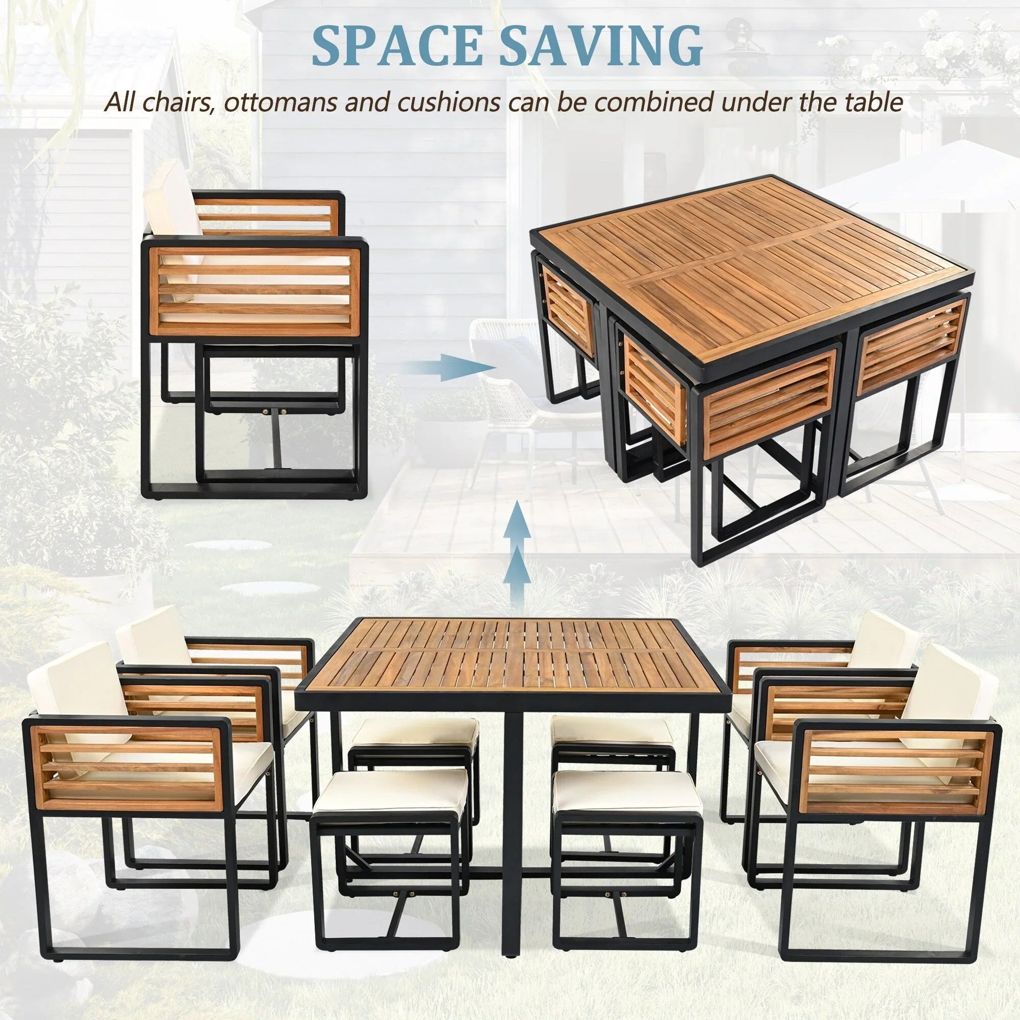 Ensemble de salle à manger d'extérieur 18 pièces en bois d'acacia, 8 chaises rembourrées, 8 poufs et 2 tables carrées
