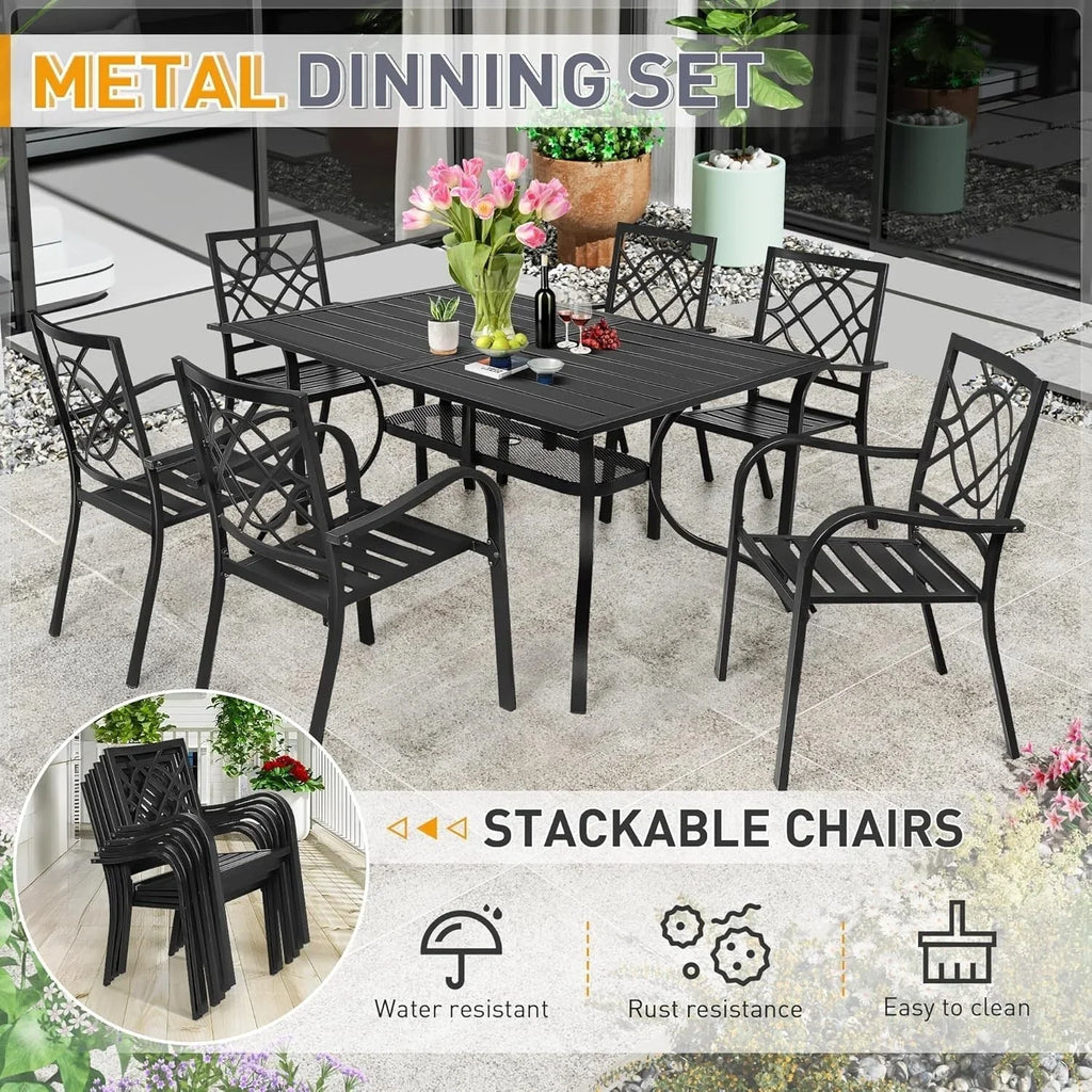 SUNCROWN Salon de jardin 5/7 pièces en acier avec table à lattes métalliques et chaises empilables Structure thermolaquée