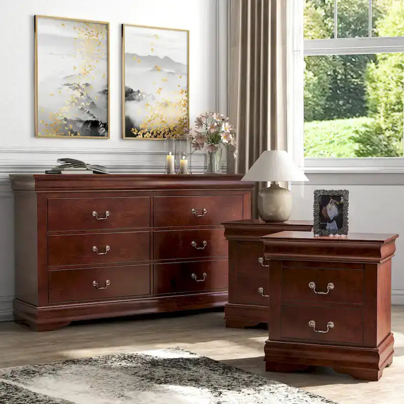 Ensemble 3 pièces table de chevet et commode – Cerisier / Noir / Blanc – Style traditionnel, 1 chambre