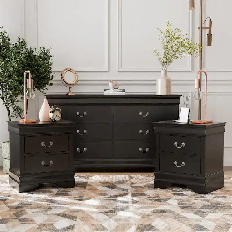 Ensemble 3 pièces table de chevet et commode – Cerisier / Noir / Blanc – Style traditionnel, 1 chambre