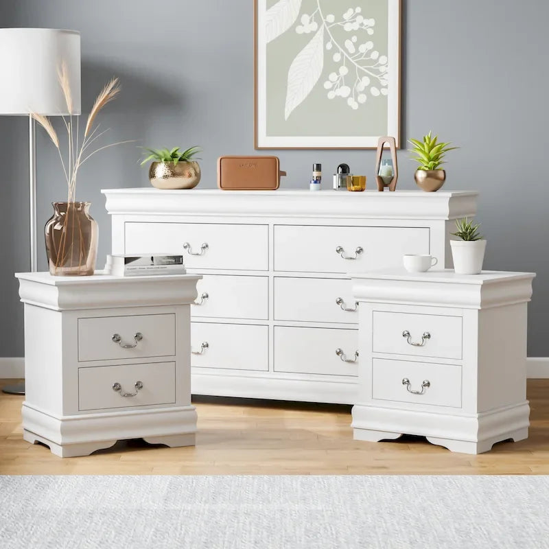 Ensemble 3 pièces table de chevet et commode – Cerisier / Noir / Blanc – Style traditionnel, 1 chambre