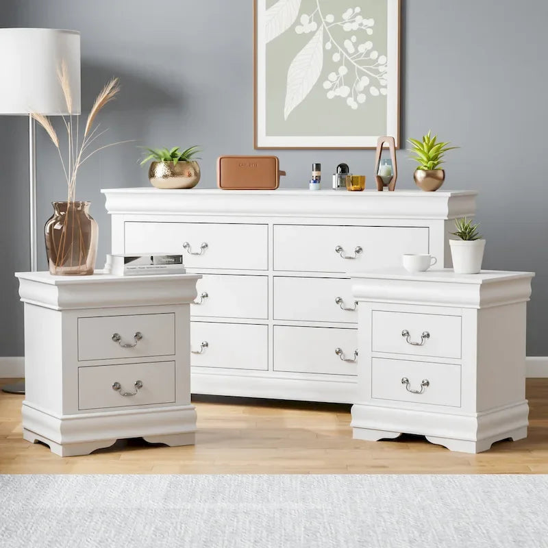Ensemble 3 pièces table de chevet et commode – Cerisier / Noir / Blanc – Style traditionnel, 1 chambre
