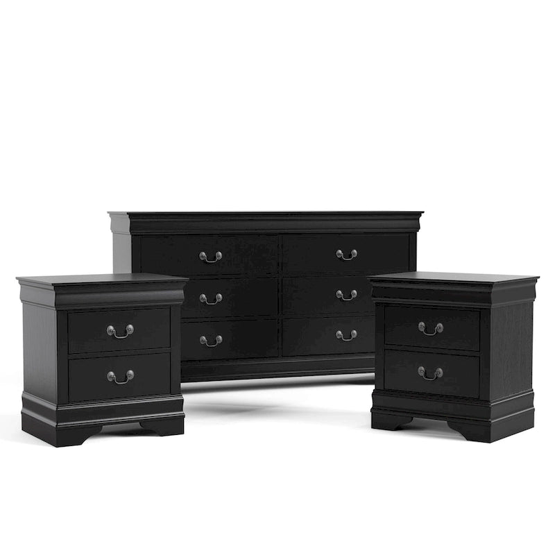 Ensemble 3 pièces table de chevet et commode – Cerisier / Noir / Blanc – Style traditionnel, 1 chambre