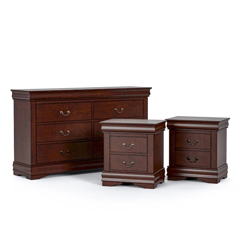 Ensemble 3 pièces table de chevet et commode – Cerisier / Noir / Blanc – Style traditionnel, 1 chambre
