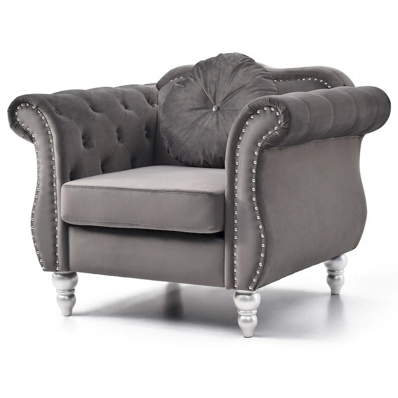 Fauteuil d'appoint Hollywood Chesterfield en velours touffeté avec coussin décoratif rond – 39L x 35P x 34H