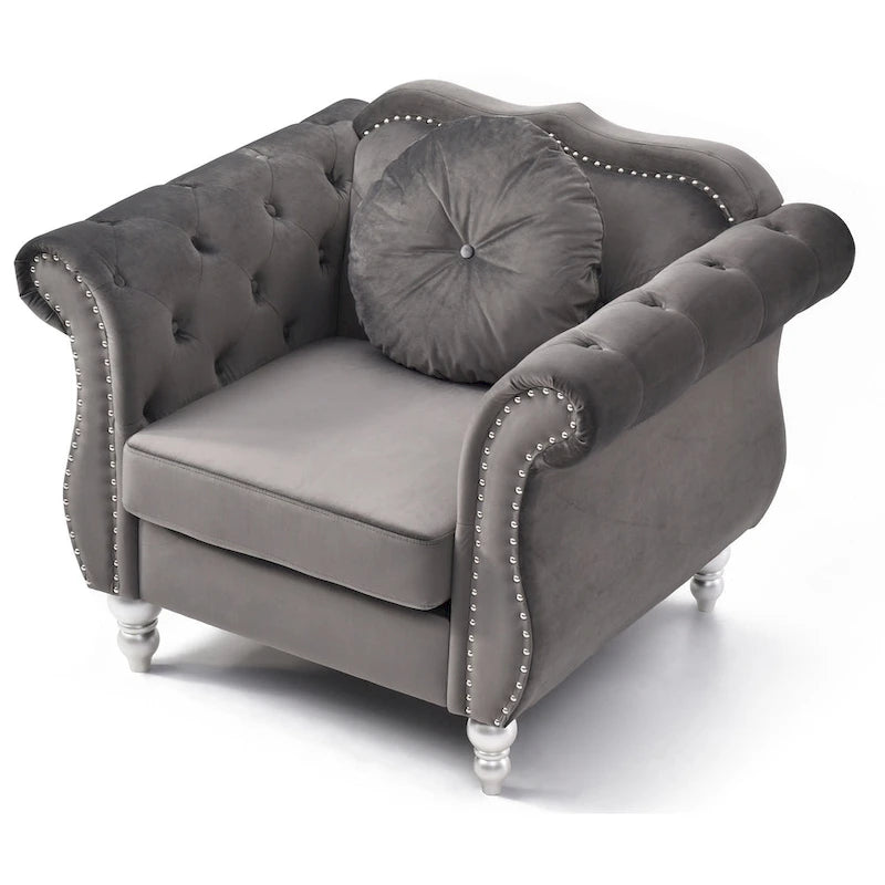 Fauteuil d'appoint Hollywood Chesterfield en velours touffeté avec coussin décoratif rond – 39L x 35P x 34H