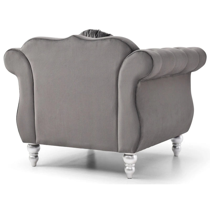 Fauteuil d'appoint Hollywood Chesterfield en velours touffeté avec coussin décoratif rond – 39L x 35P x 34H