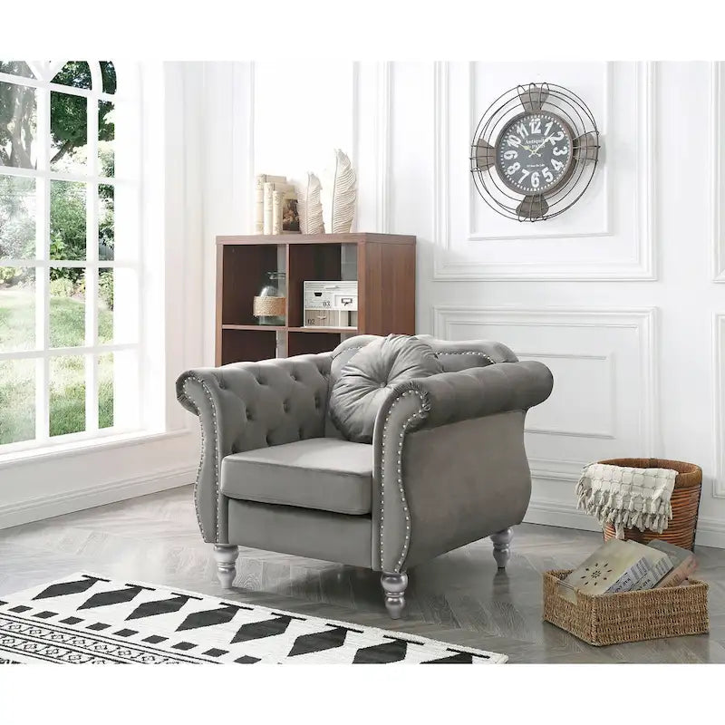 Fauteuil d'appoint Hollywood Chesterfield en velours touffeté avec coussin décoratif rond – 39L x 35P x 34H