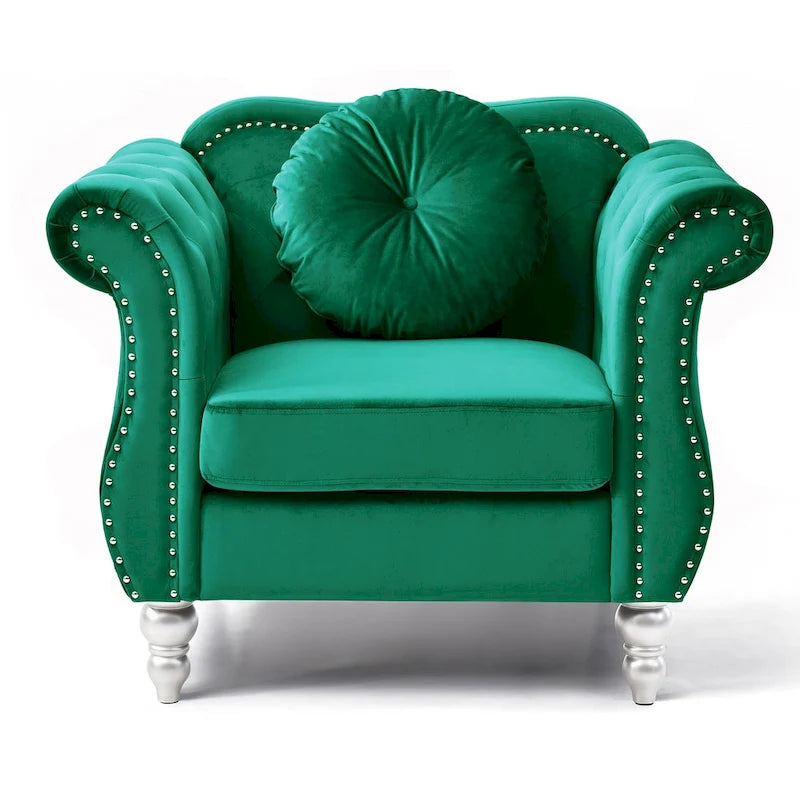 Fauteuil d'appoint Hollywood Chesterfield en velours touffeté avec coussin décoratif rond – 39L x 35P x 34H