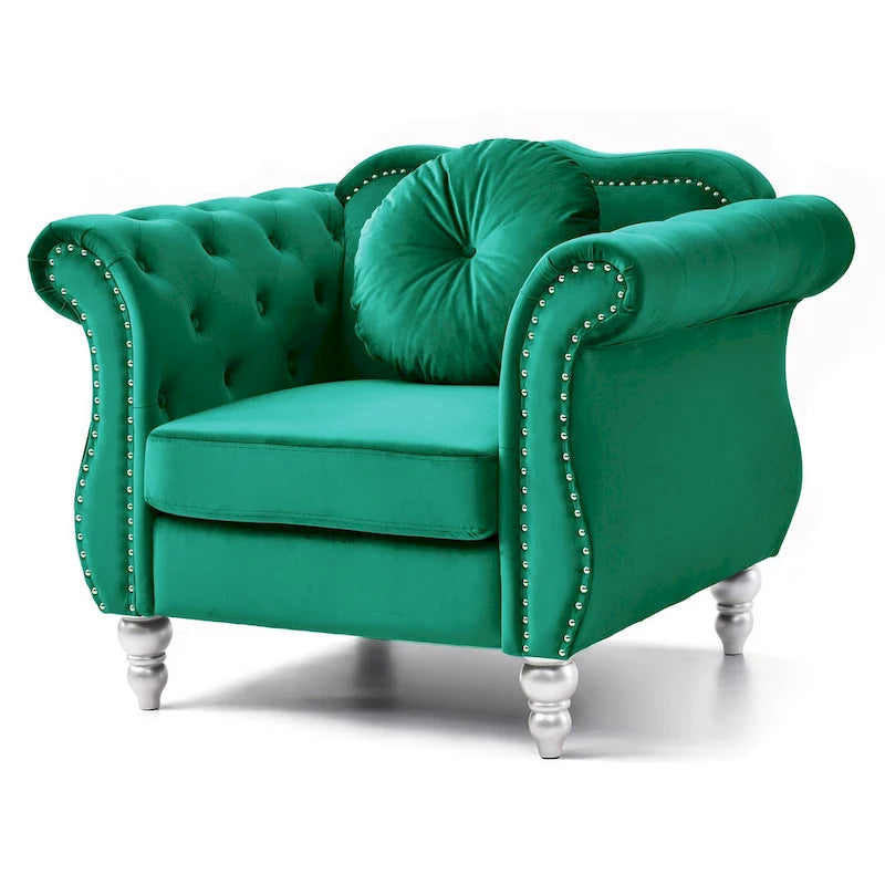 Fauteuil d'appoint Hollywood Chesterfield en velours touffeté avec coussin décoratif rond – 39L x 35P x 34H