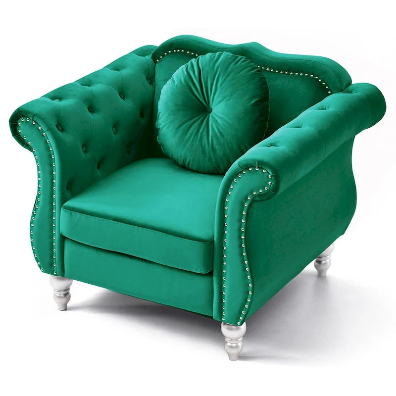 Fauteuil d'appoint Hollywood Chesterfield en velours touffeté avec coussin décoratif rond – 39L x 35P x 34H
