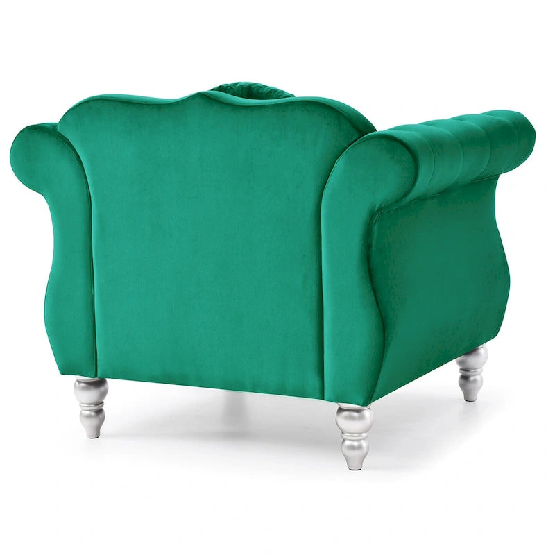 Fauteuil d'appoint Hollywood Chesterfield en velours touffeté avec coussin décoratif rond – 39L x 35P x 34H