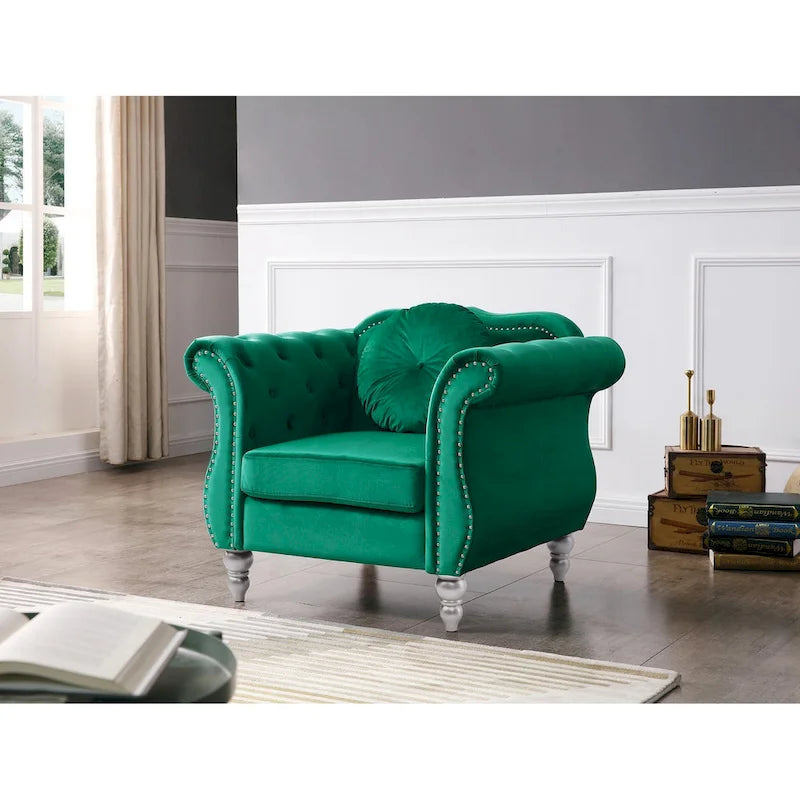 Fauteuil d'appoint Hollywood Chesterfield en velours touffeté avec coussin décoratif rond – 39L x 35P x 34H