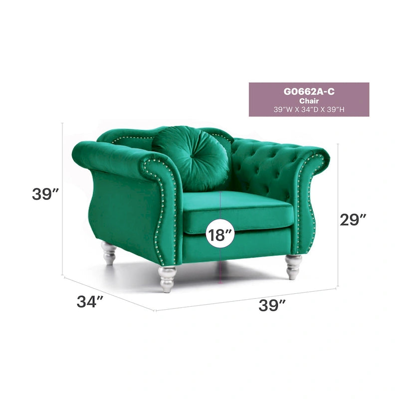 Fauteuil d'appoint Hollywood Chesterfield en velours touffeté avec coussin décoratif rond – 39L x 35P x 34H