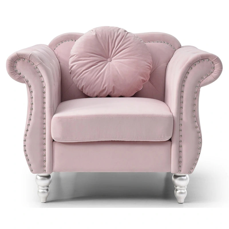 Fauteuil d'appoint Hollywood Chesterfield en velours touffeté avec coussin décoratif rond – 39L x 35P x 34H