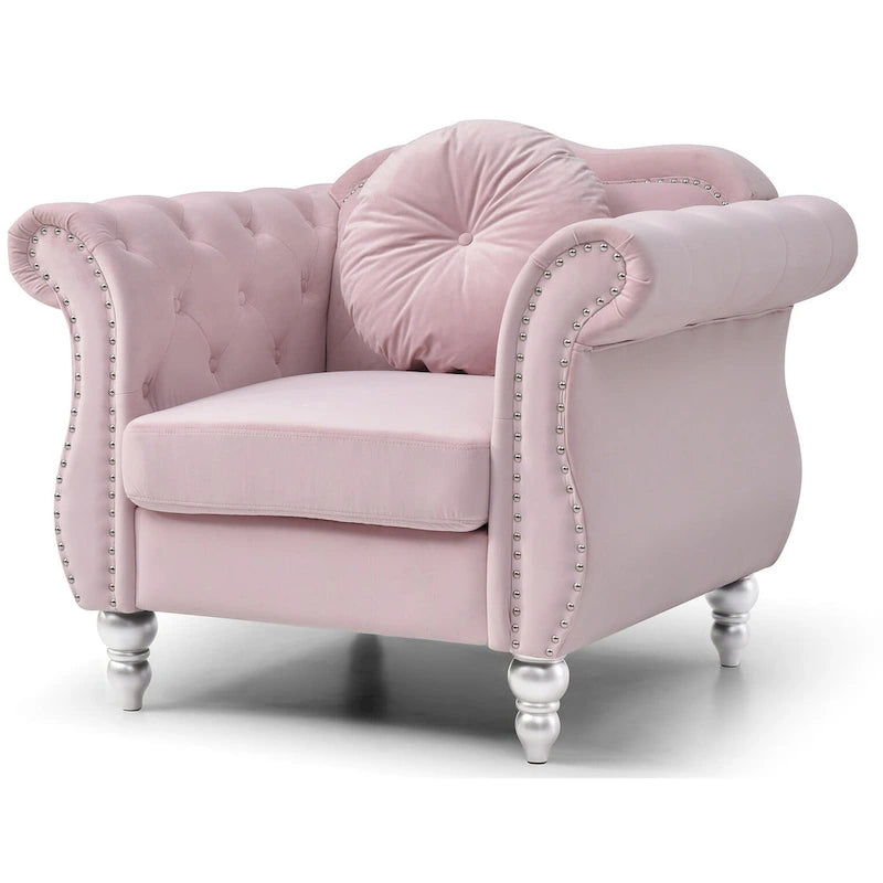 Fauteuil d'appoint Hollywood Chesterfield en velours touffeté avec coussin décoratif rond – 39L x 35P x 34H