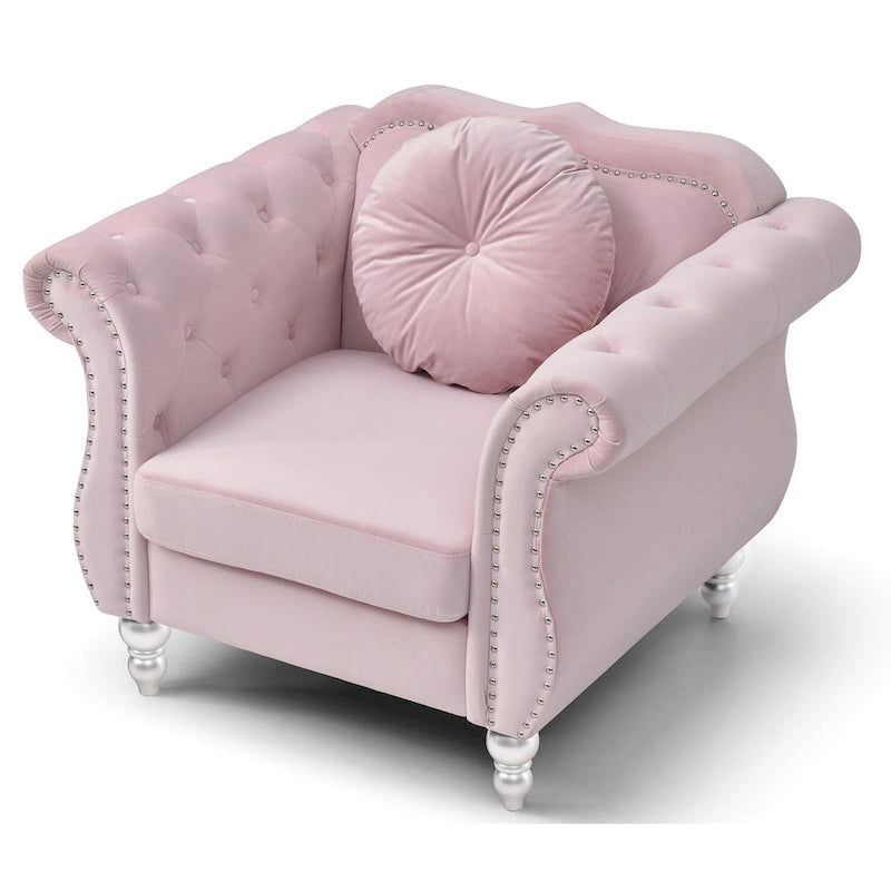 Fauteuil d'appoint Hollywood Chesterfield en velours touffeté avec coussin décoratif rond – 39L x 35P x 34H