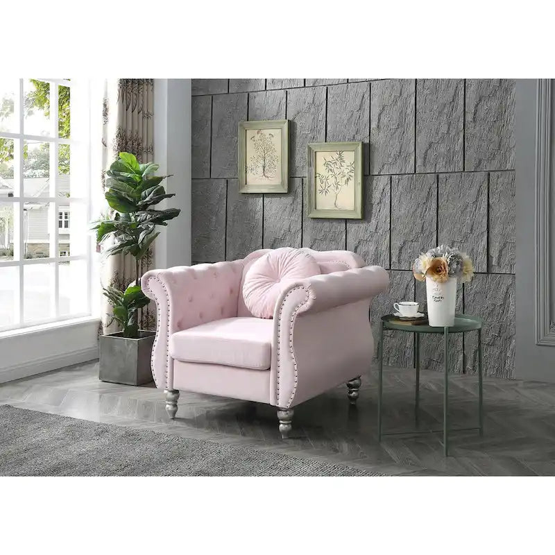 Fauteuil d'appoint Hollywood Chesterfield en velours touffeté avec coussin décoratif rond – 39L x 35P x 34H