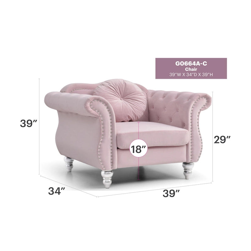 Fauteuil d'appoint Hollywood Chesterfield en velours touffeté avec coussin décoratif rond – 39L x 35P x 34H