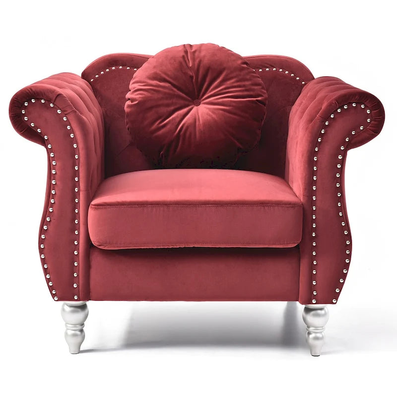 Fauteuil d'appoint Hollywood Chesterfield en velours touffeté avec coussin décoratif rond – 39L x 35P x 34H